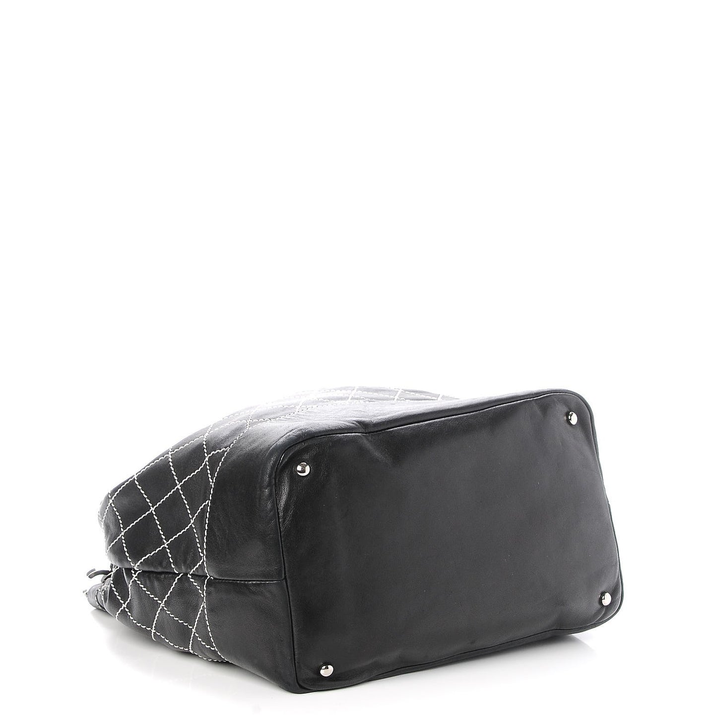 Lambskin Contrast Stitch Large Drawstring Tote Black