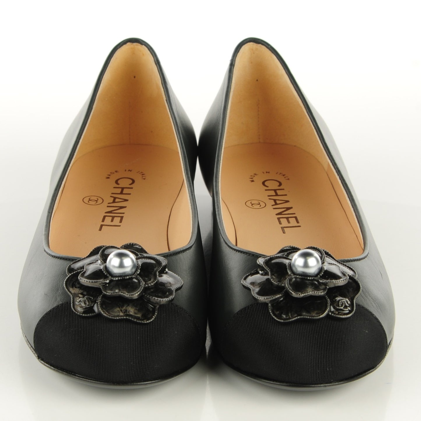 Calfskin Camellia Bead Ballerina Flats 36.5 Grey Black