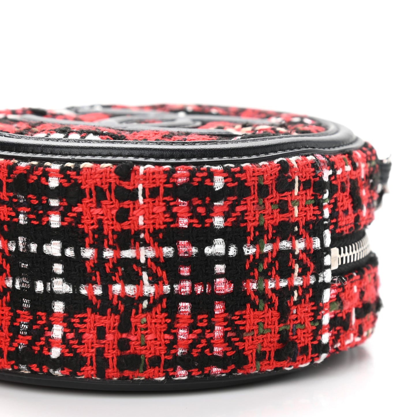 Tweed Quilted Round Filigree Clutch With Chain Red Black