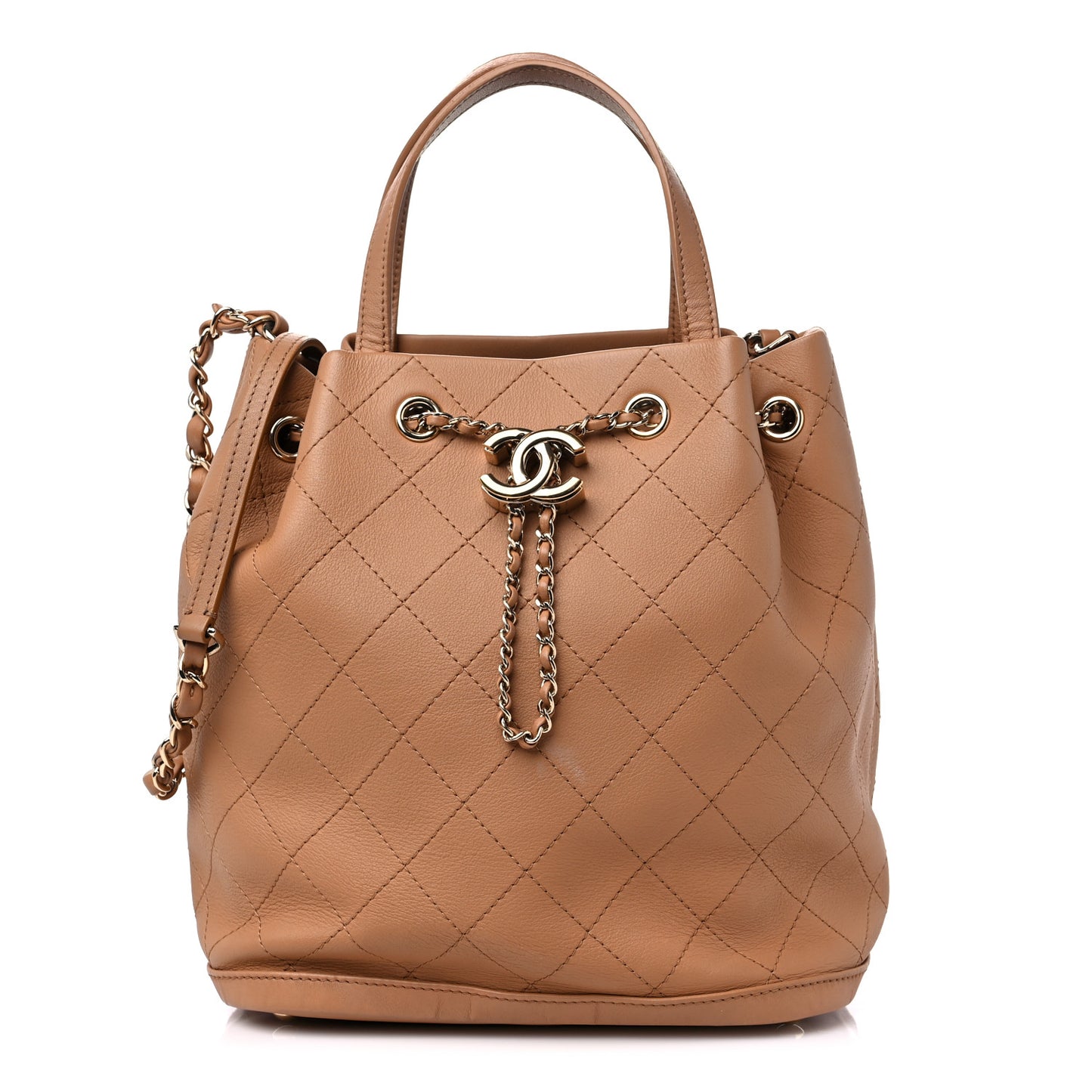 Calfskin Stitched Chain Top Handle Bucket Bag Light Brown