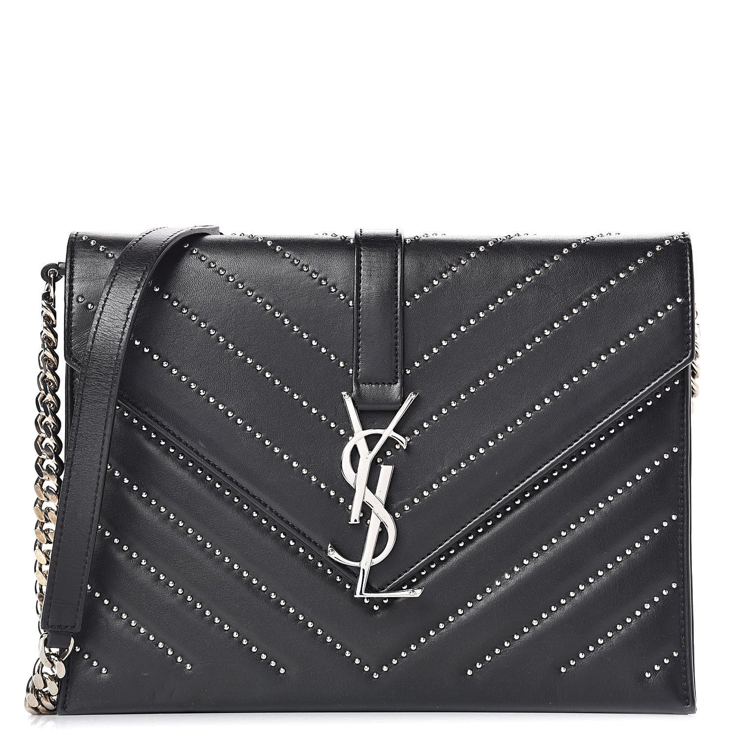 Calfskin Monogram Chevron Studded Shoulder Bag Black