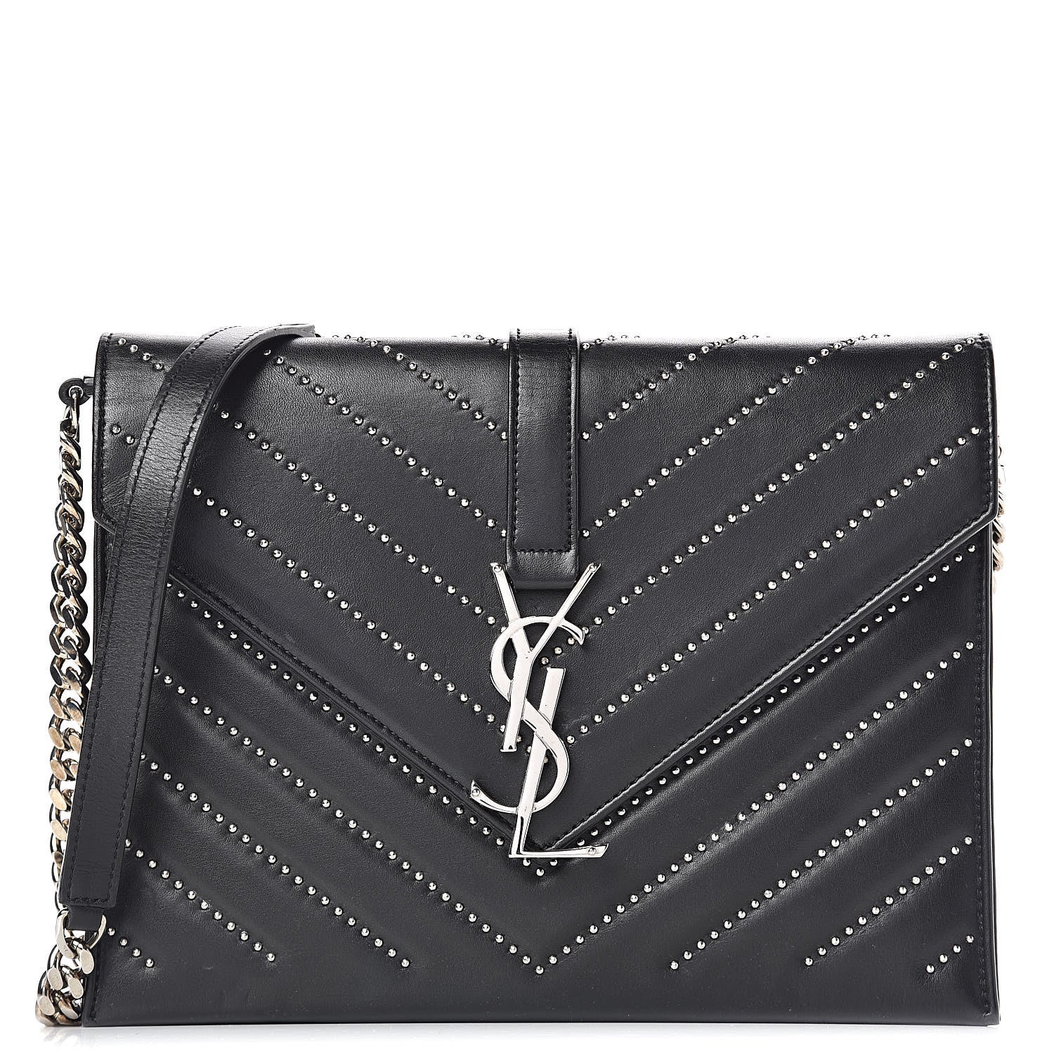 Saint Laurent Calfskin Monogram Chevron Studded Shoulder Bag Black 1 of 13