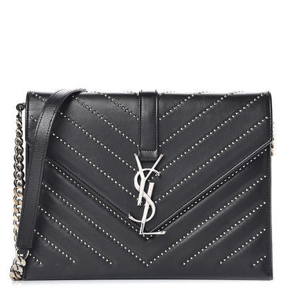 Saint Laurent Calfskin Monogram Chevron Studded Shoulder Bag Black 1 of 13