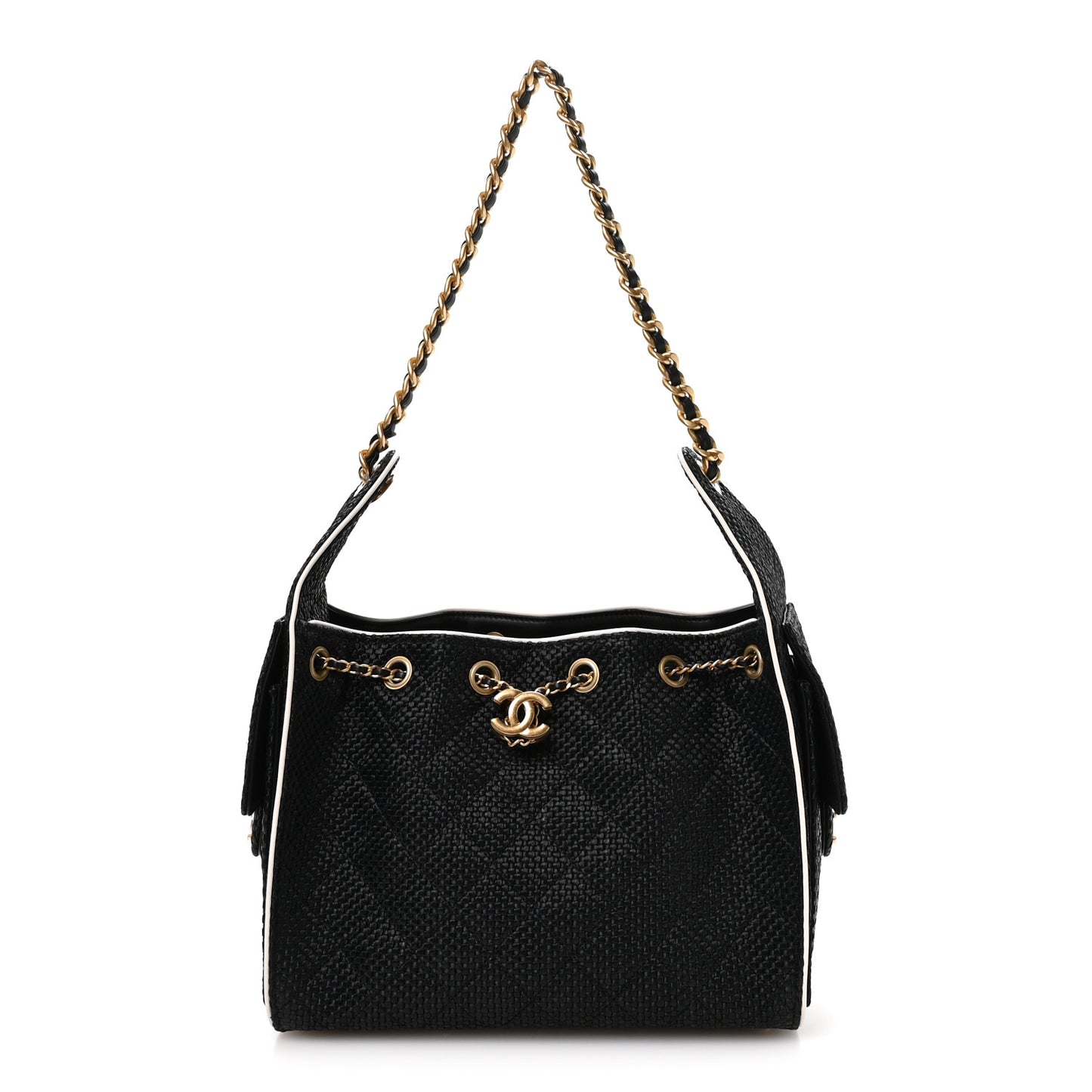 Braided Raffia Calfskin Small Chanel 25 Handbag Black White