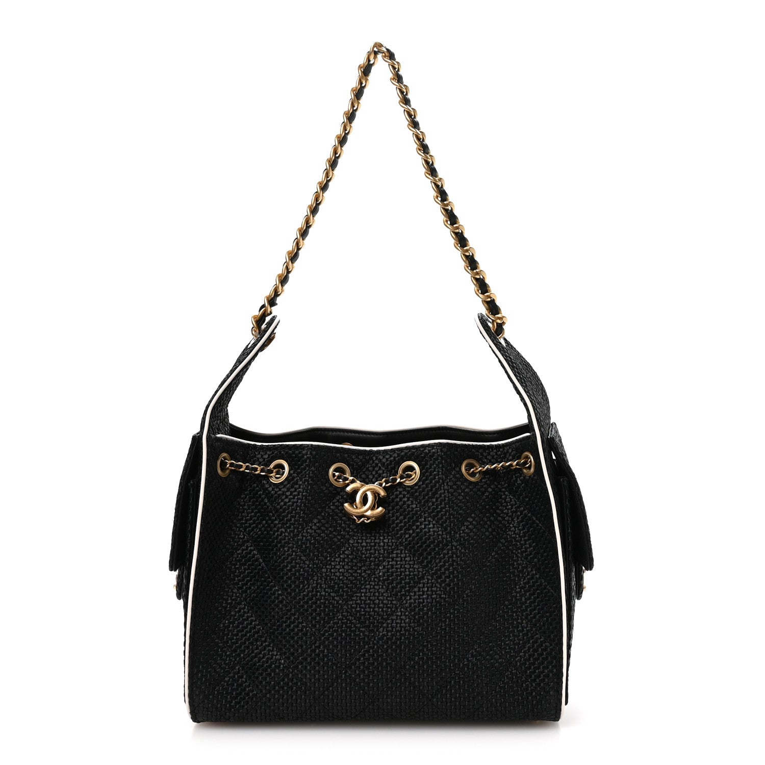 Chanel Braided Raffia Calfskin Small Chanel 25 Handbag Black White 1 of 10