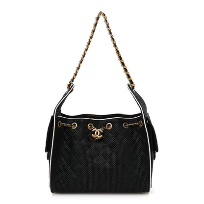 Chanel Braided Raffia Calfskin Small Chanel 25 Handbag Black White 1 of 10