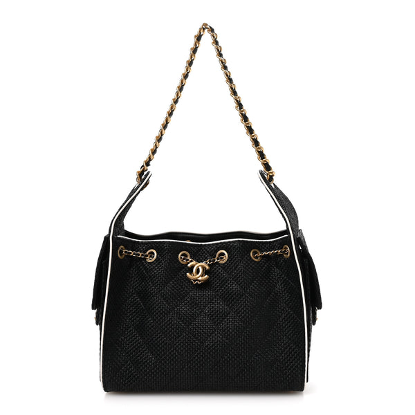 Chanel Braided Raffia Calfskin Small Chanel 25 Handbag Black White