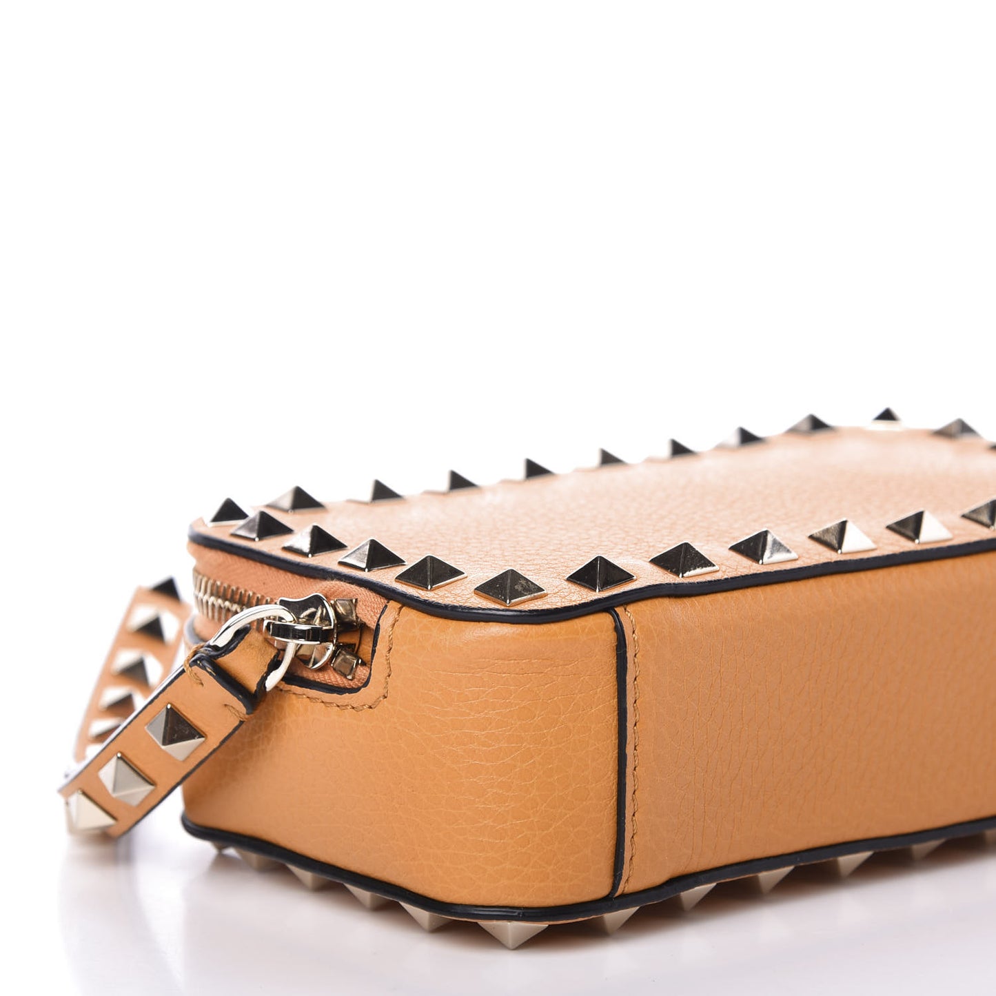Pebbled Calfskin Rockstud Slip Handle Wristlet Zip Clutch Orange