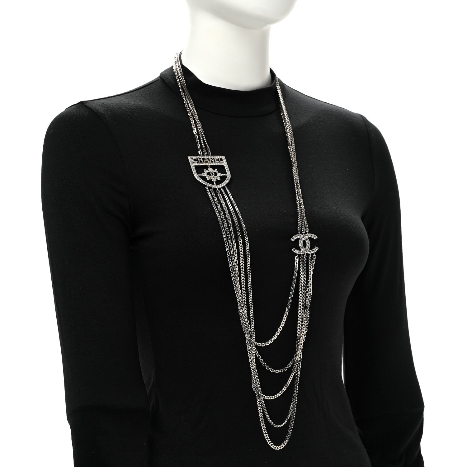 Chanel Baguette Crystal CC Shield Multi Strand Long Chain Necklace Silver 2 of 6