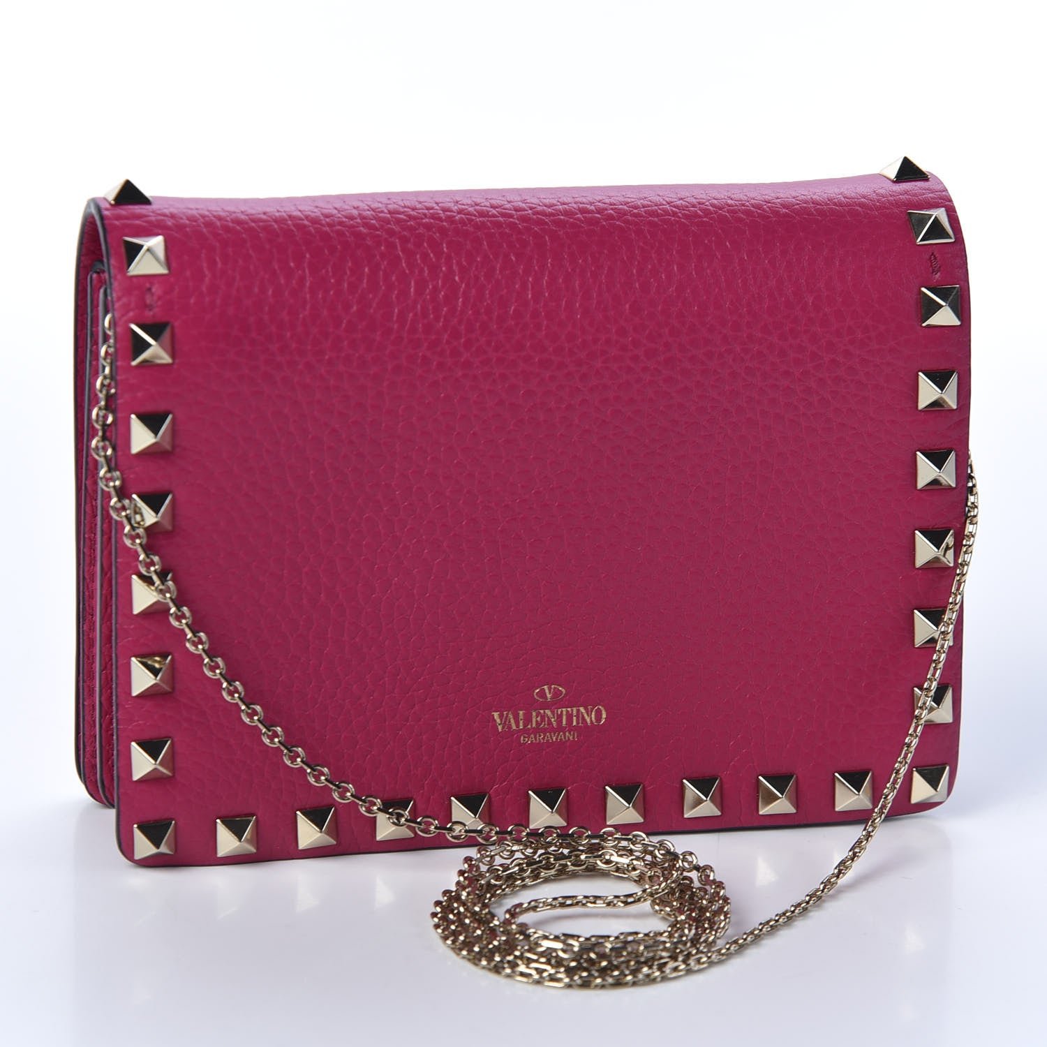 Valentino Garavani Pebbled Calfskin Rockstud Wallet on Chain Disco Pink 2 of 8