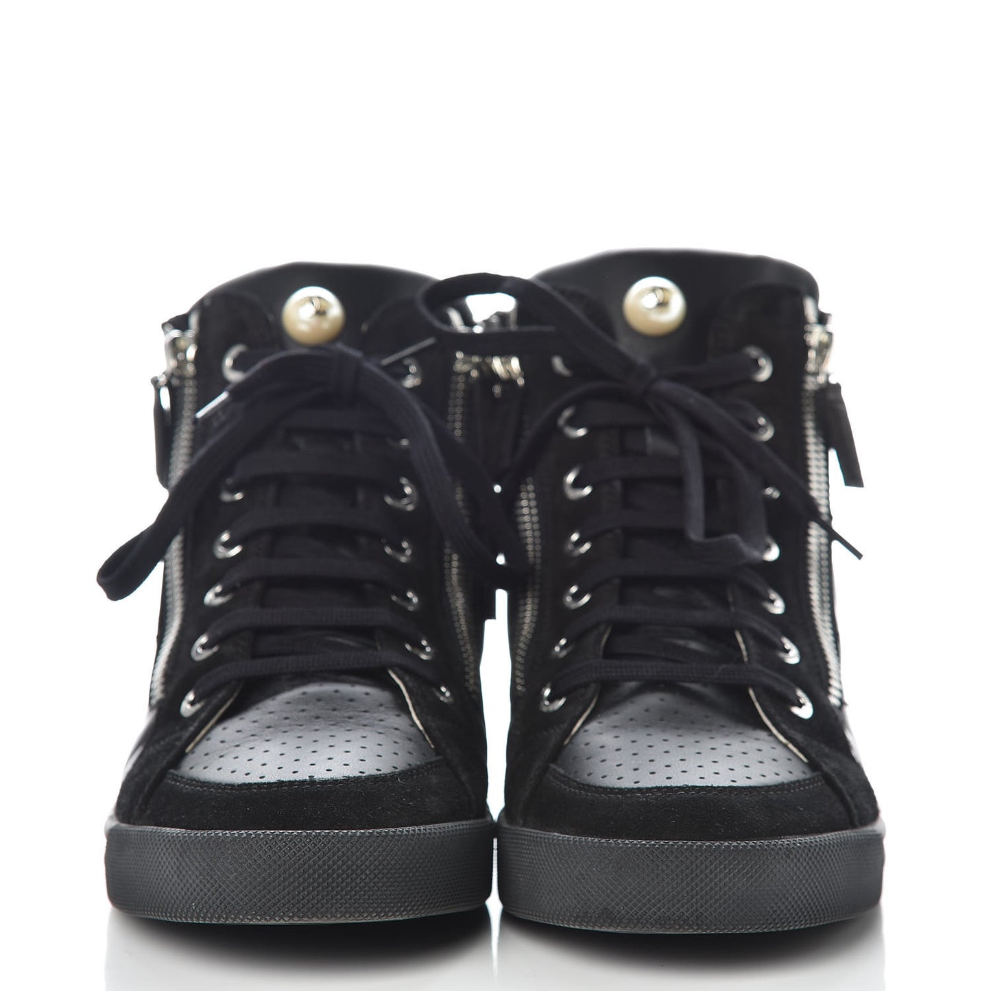 Calfskin Suede Zipped High Top CC Sneakers 38 Black