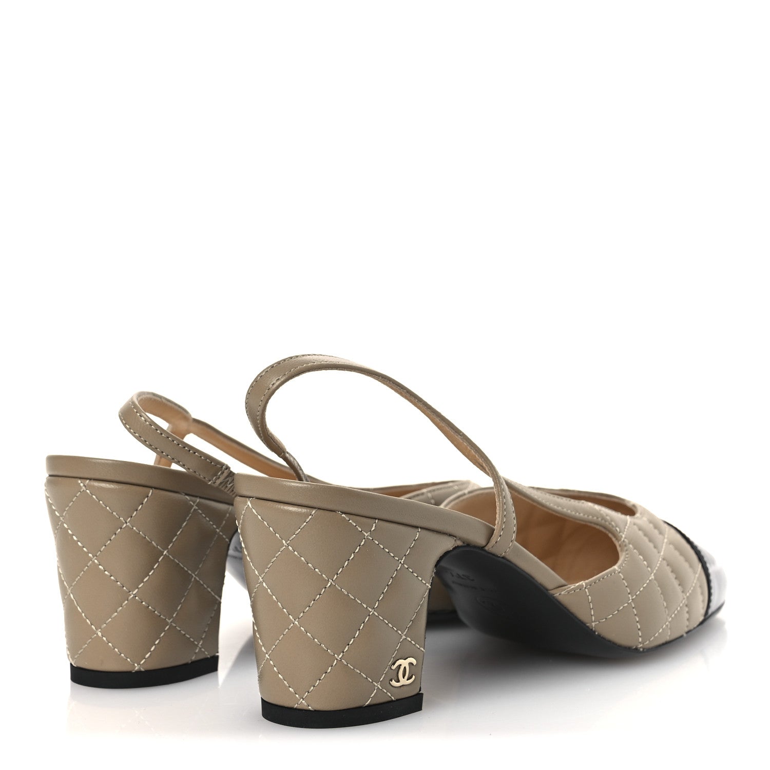 Chanel Lambskin Patent Calfskin Quilted Cap Toe CC Slingback Pumps 37.5 Beige Black 13 of 36