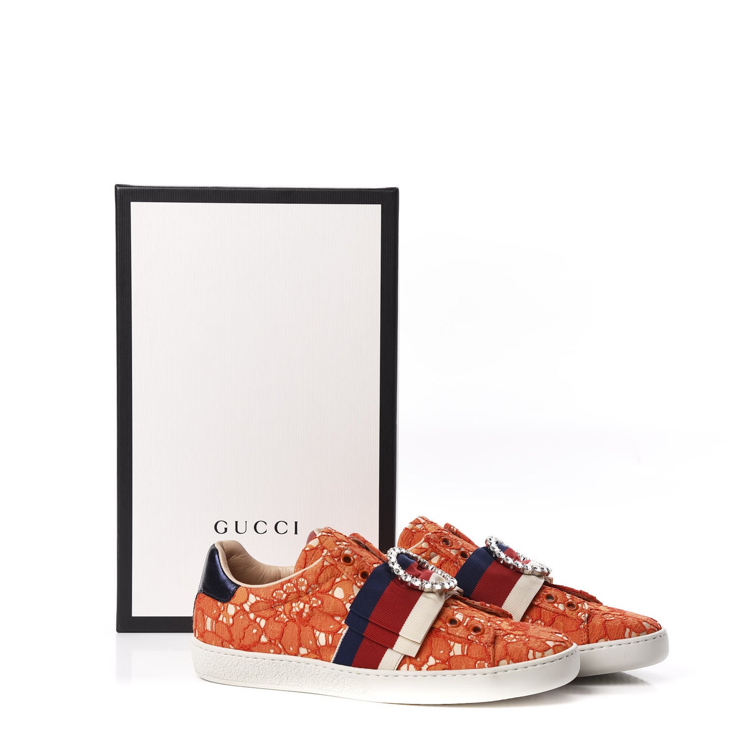 Lace Crystal Sylvie Web Flower Leaf Womens Ace Sneakers 35.5 Hot Orange Tan Beige