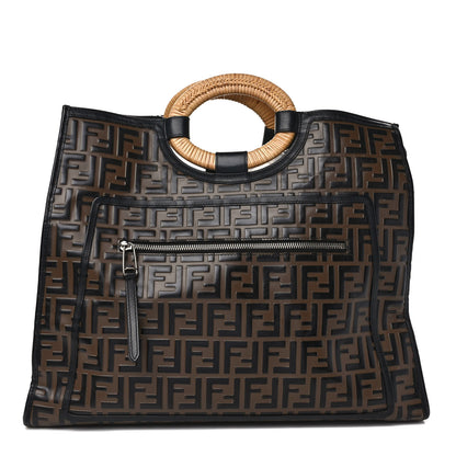 Fendi Vitello Century Wicker Bi-Color FF 1974 Embossed Large Runaway Shopper Tote Maya Black 1 of 12