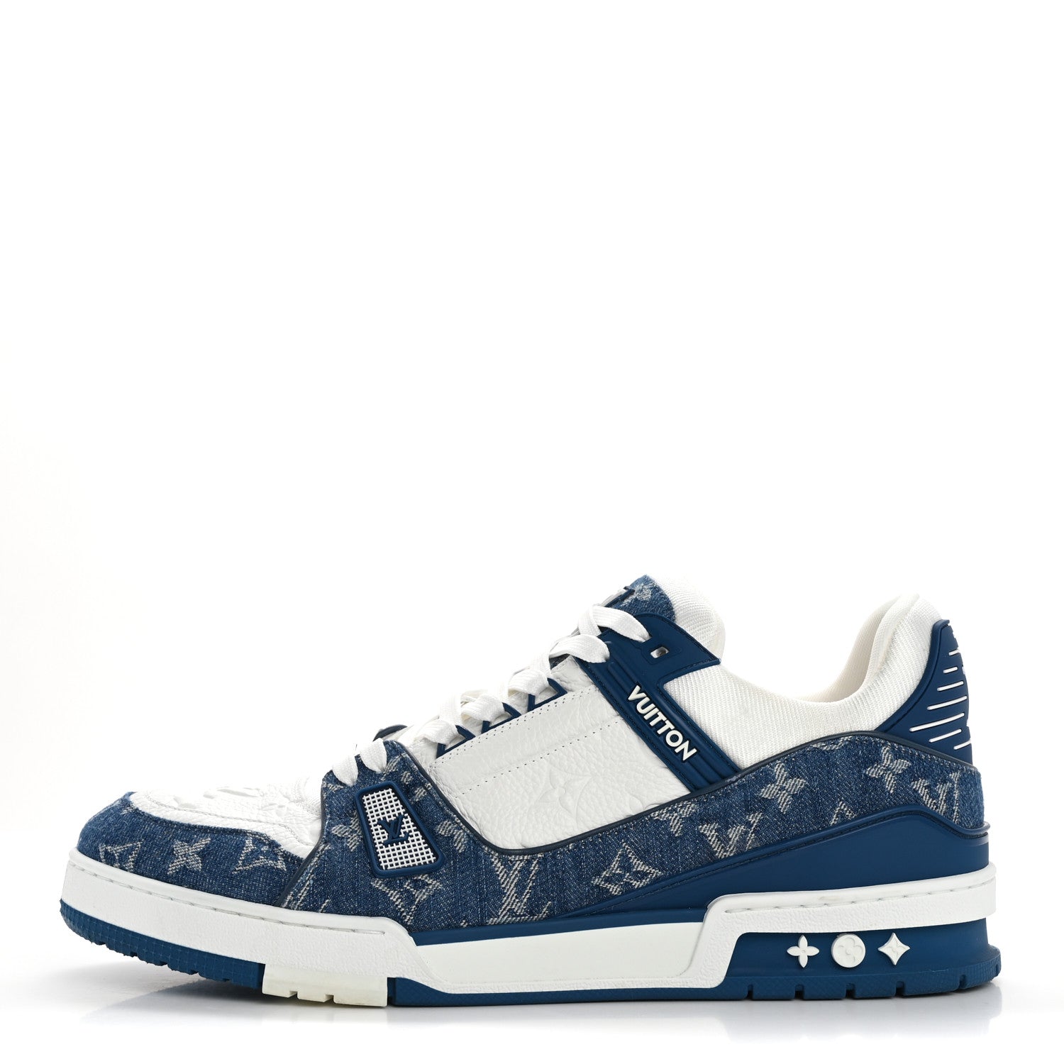 Louis Vuitton Calfskin Embossed Monogram Denim Mens LV Trainer Sneakers 11 Blue 1 of 9
