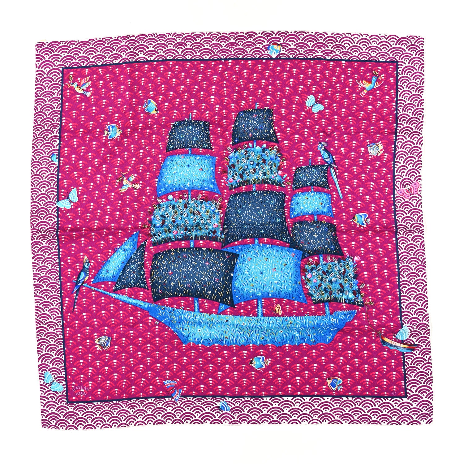 Hermes Silk Bateau Fleuri Scarf 90 Violet Fuchsia Turquoise 1 of 5