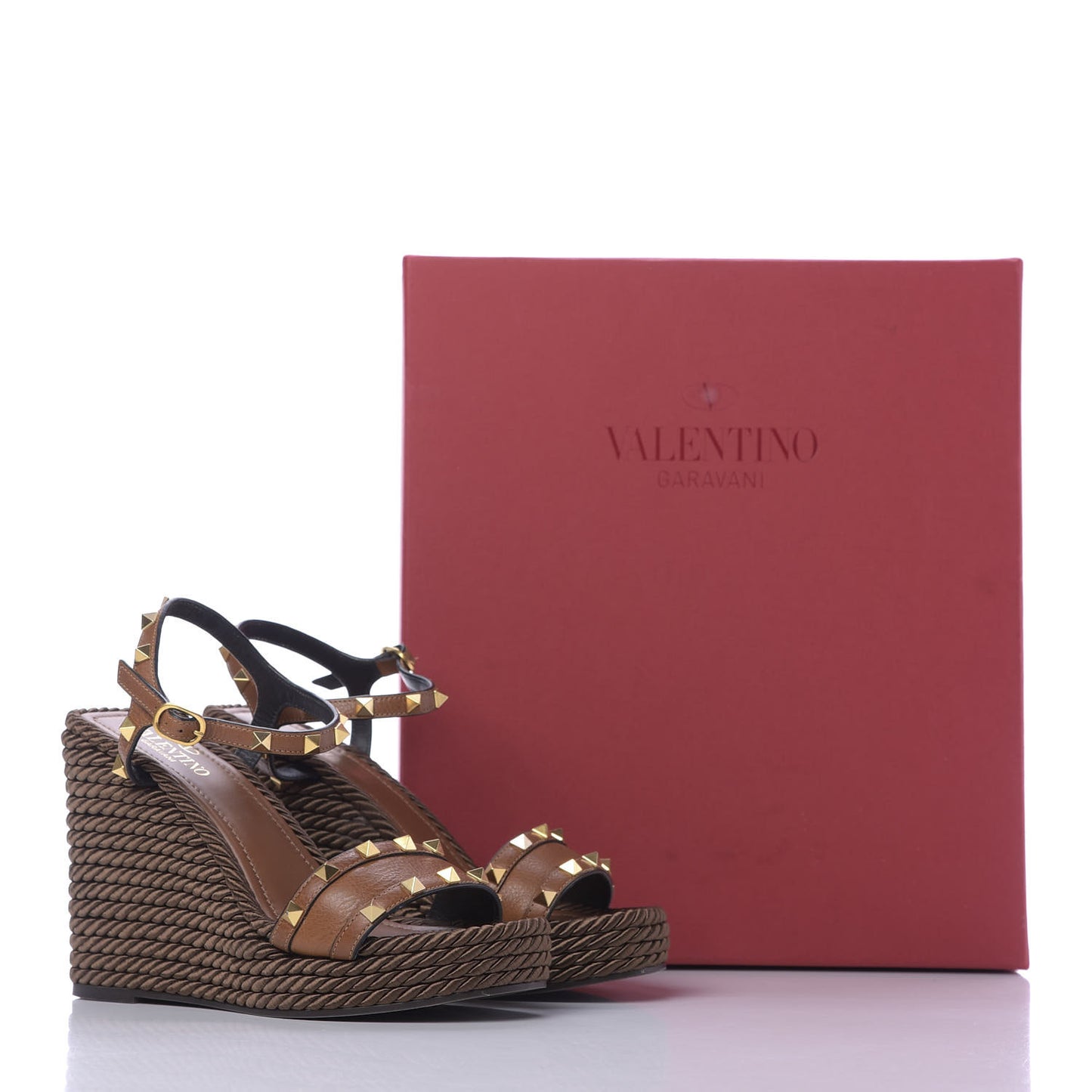 Calfskin Rockstud Torchon Espadrille 25/115mm Wedge Sandals 38 Cuoio