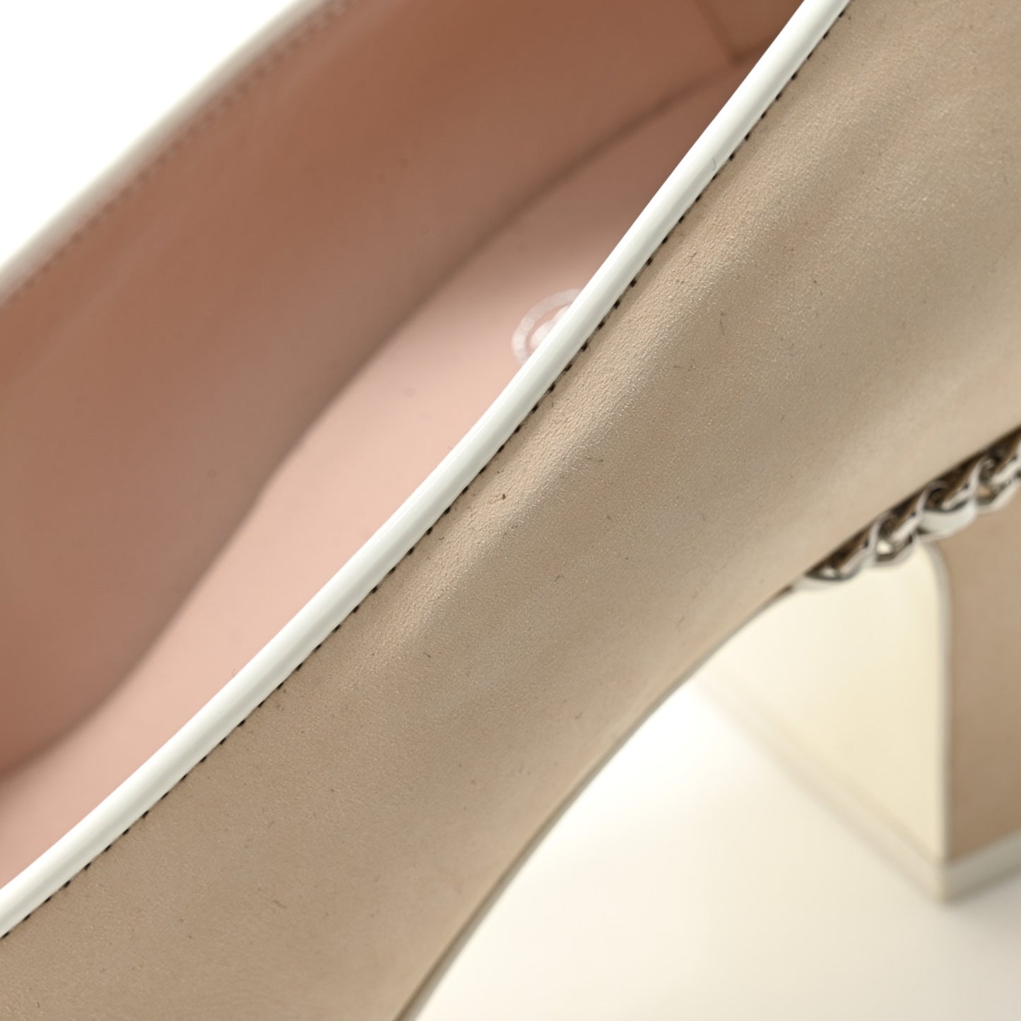Velvet Matte Calfskin Patent Chain CC Cap Toe Pumps 39 Beige White