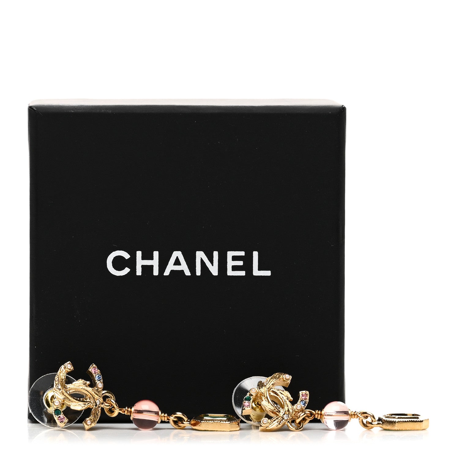 Chanel Crystal Pearl Glitter CC Drop Earrings Gold Green Pink 5 of 5