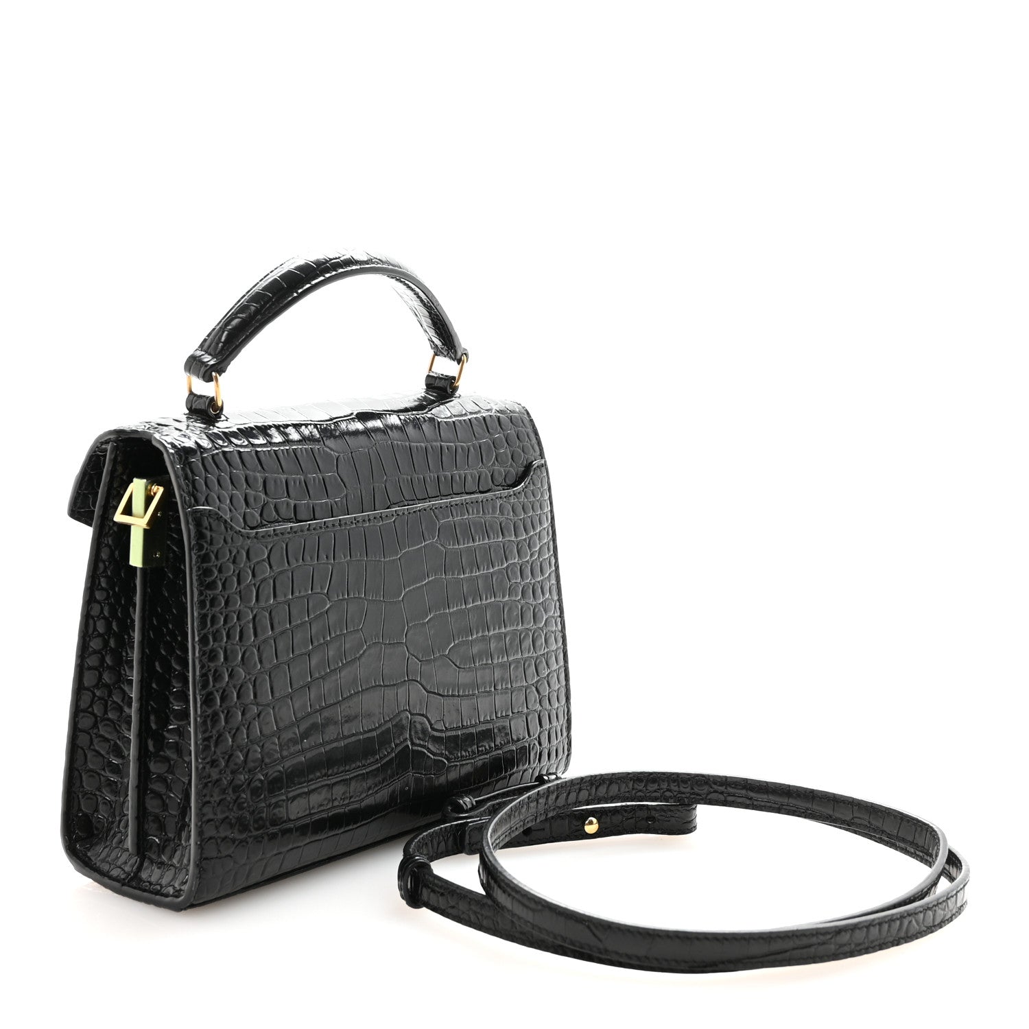 Saint Laurent Calfskin Crocodile Embossed Mini Classic Monogram Cassandra Top Handle Black 3 of 10