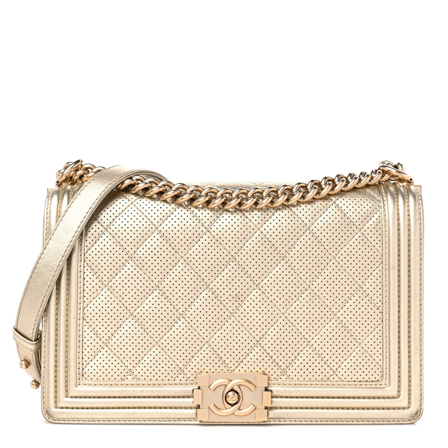 Lambskin Perforated Quilted New Medium Boy Flap Gold