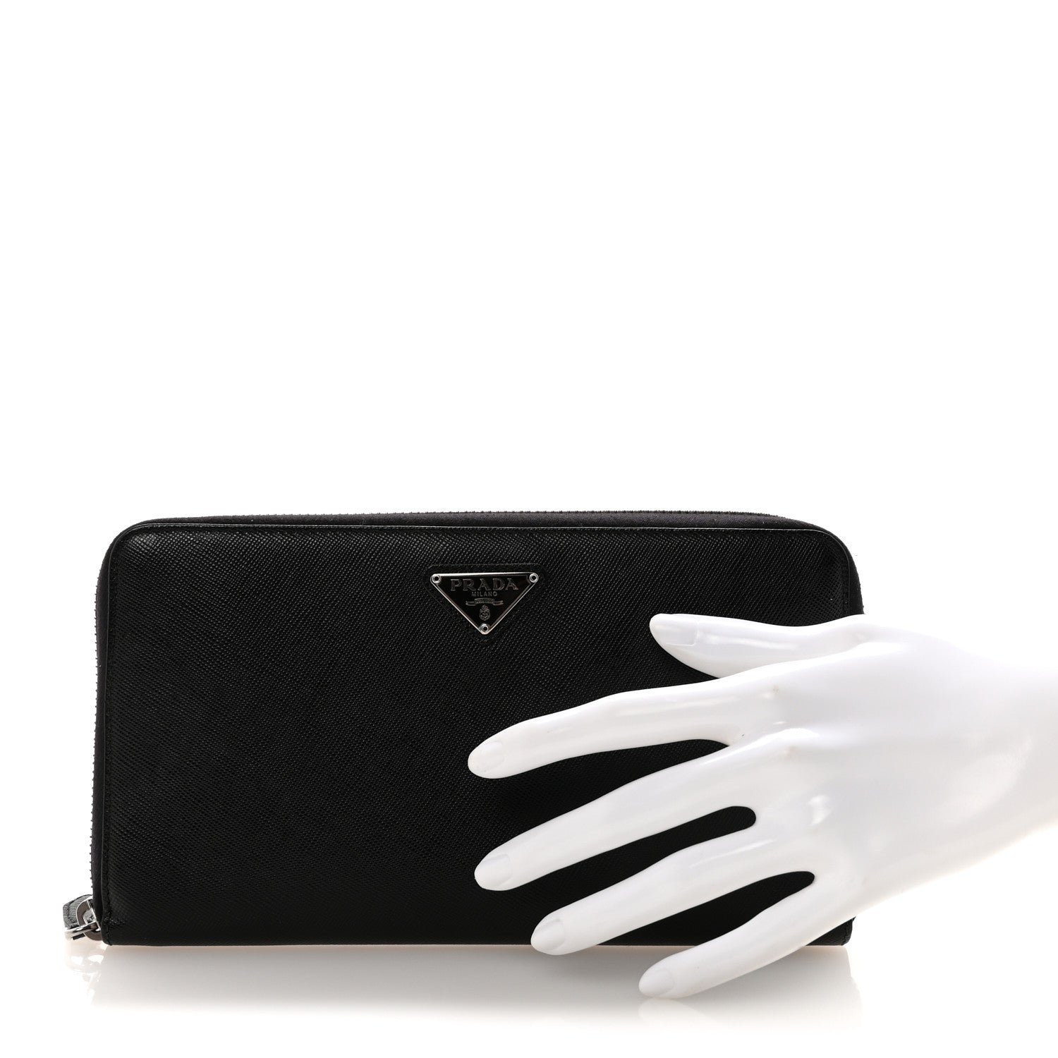 Prada Saffiano Metal Large Zip Around Travel Wallet Black 2 of 8