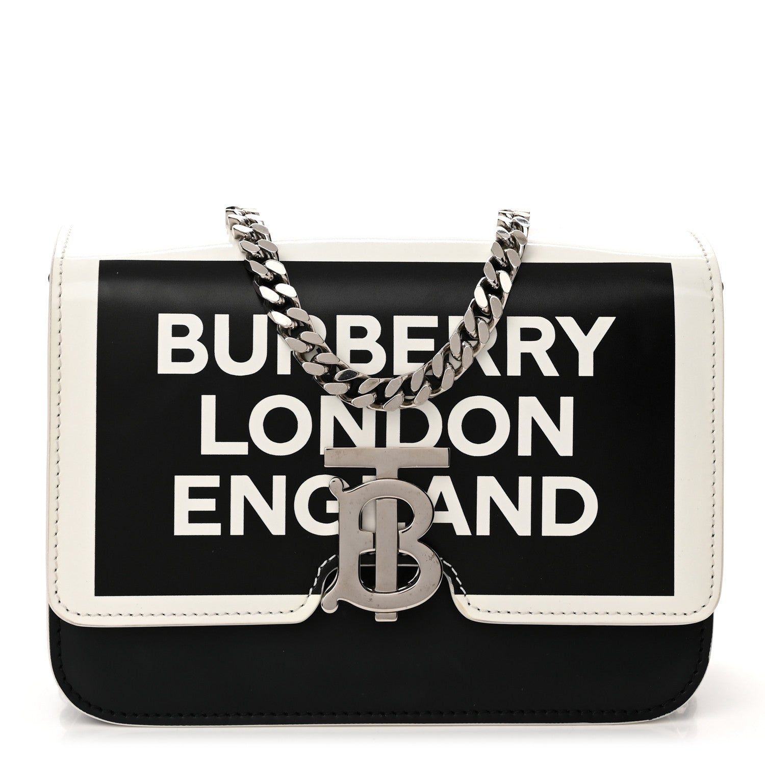 Burberry Calfskin Logo Printed Small TB Bag Black White 1 of 9