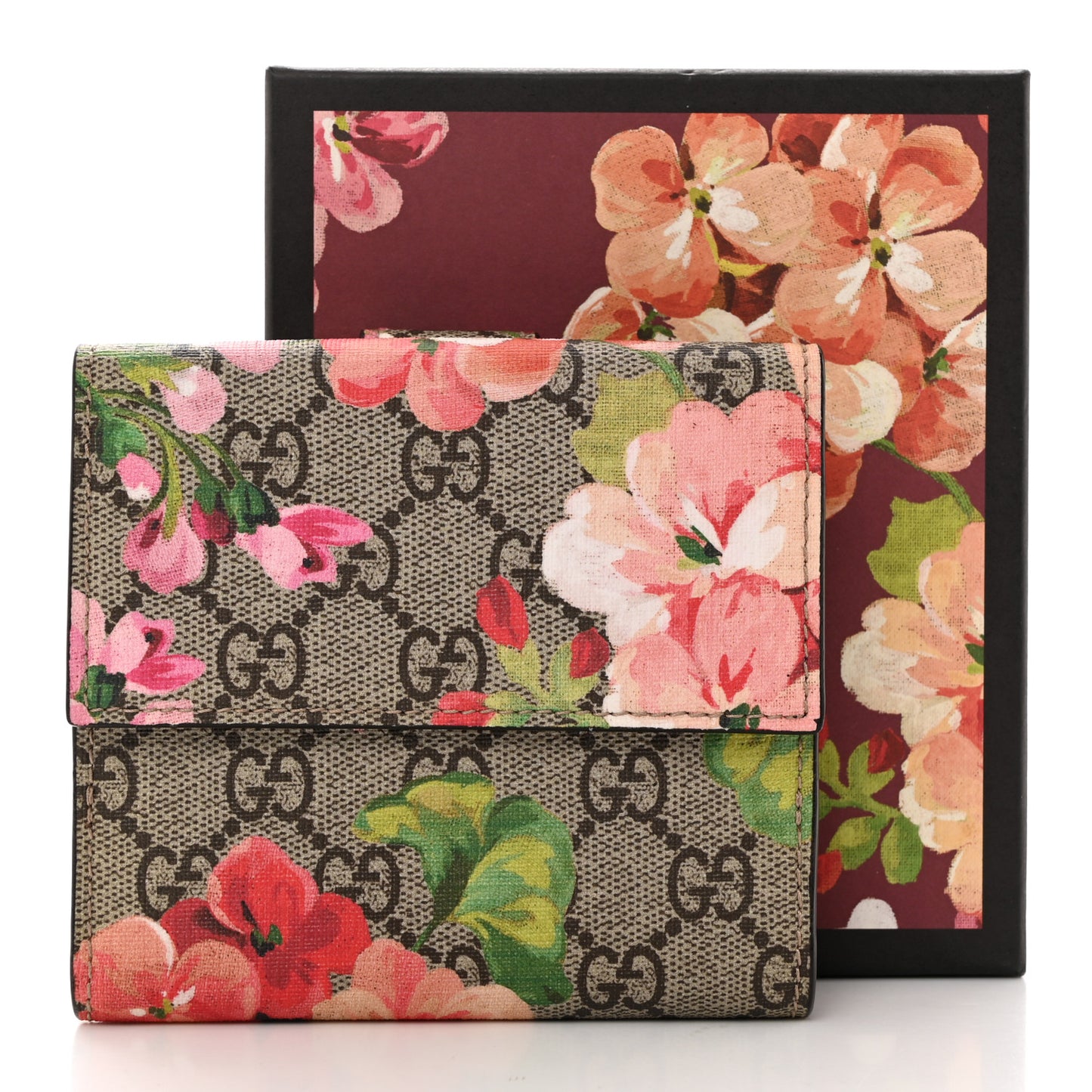GG Supreme Monogram Blooms French Flap Wallet Beige Multicolor Dry Rose