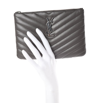 Saint Laurent Calfskin Matelasse Chevron Monogram Pouch Earth 2 of 8