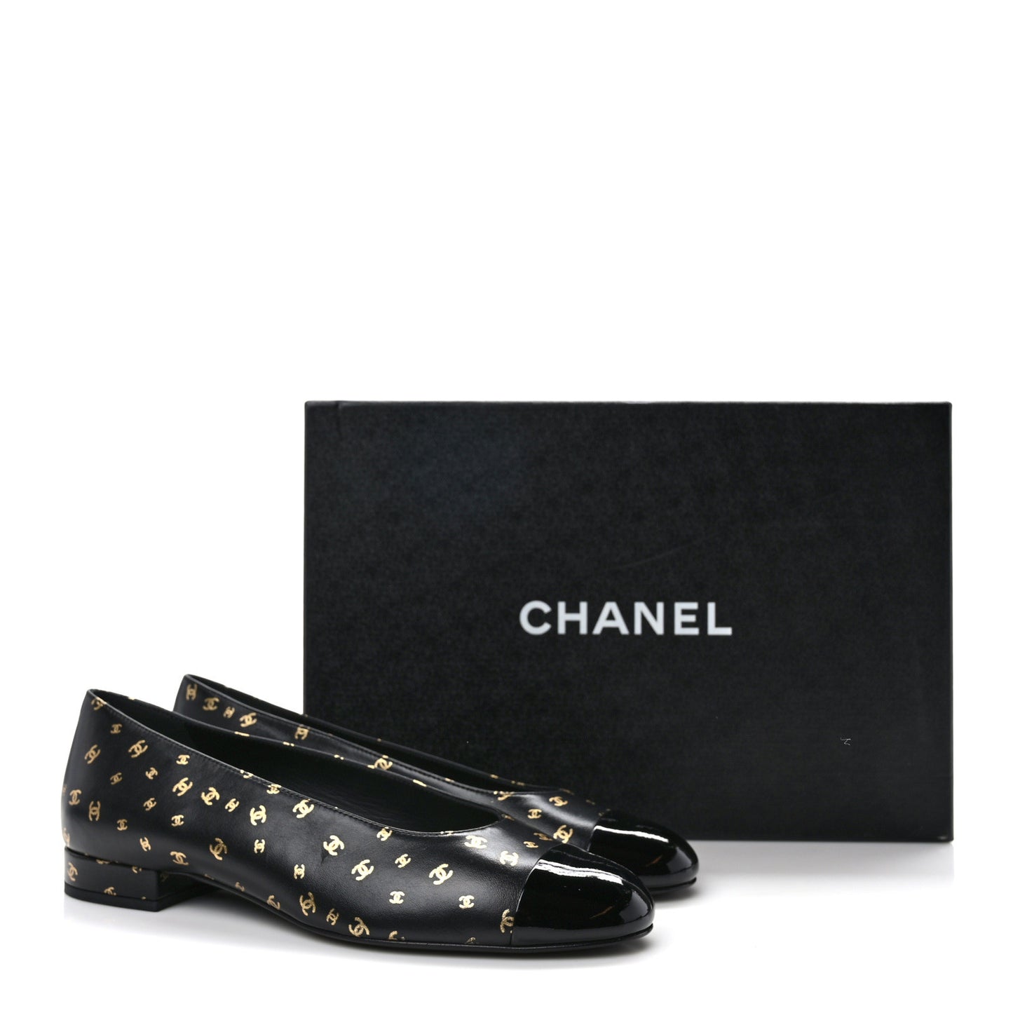 Lambskin Patent Calfskin Printed CC Cap Toe Ballerina Flats 37 Black Gold