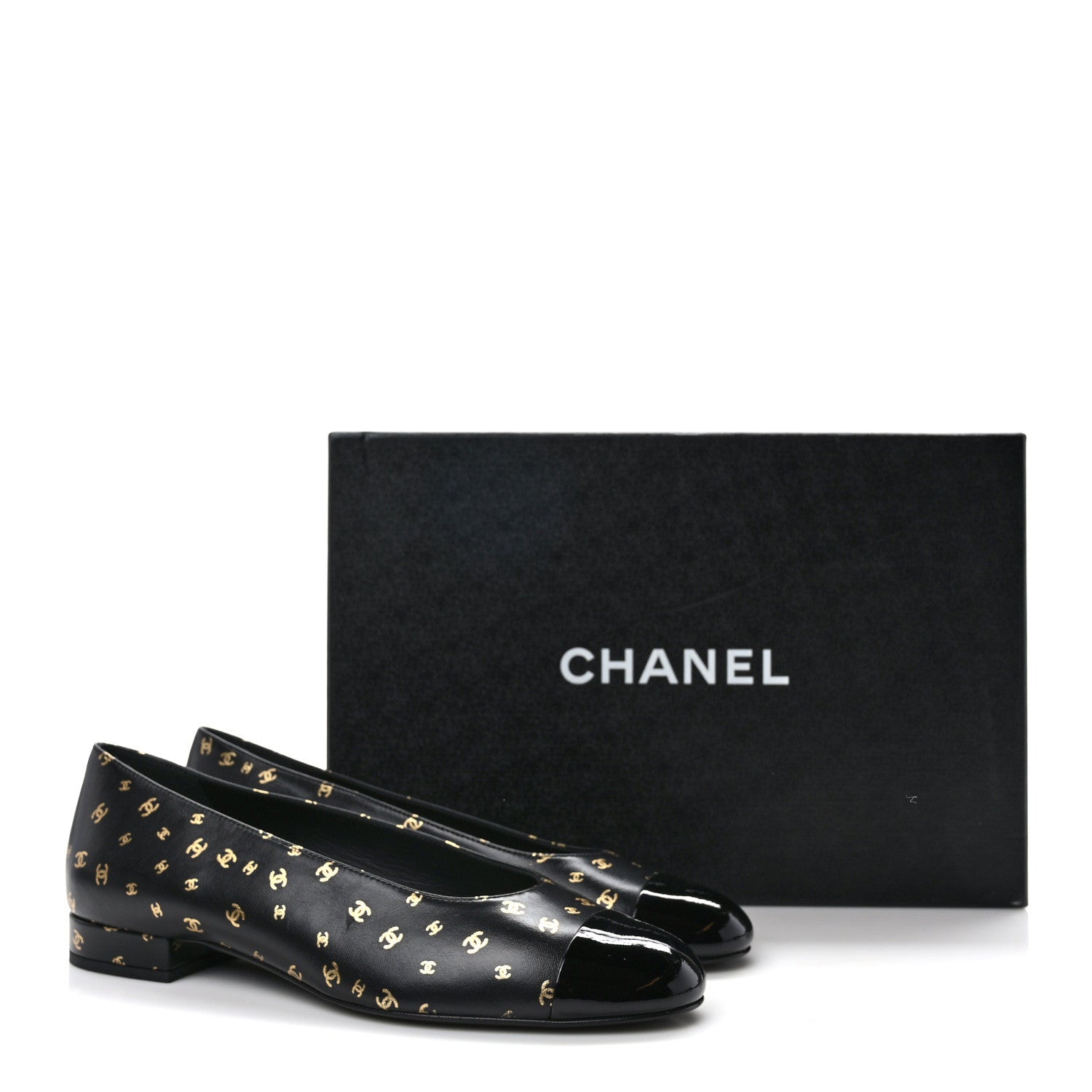 Chanel Lambskin Patent Calfskin Printed CC Cap Toe Ballerina Flats 37 Black Gold 8 of 8