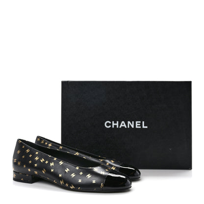 Chanel Lambskin Patent Calfskin Printed CC Cap Toe Ballerina Flats 37 Black Gold 8 of 8