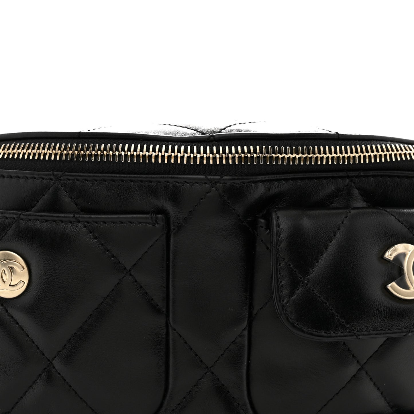 Shiny Aged Calfskin Quilted CC Pockets Jacket Waist Belt Bag Black