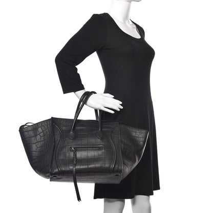 Celine Crocodile Embossed Calfskin Medium Phantom Luggage Black 2 of 18