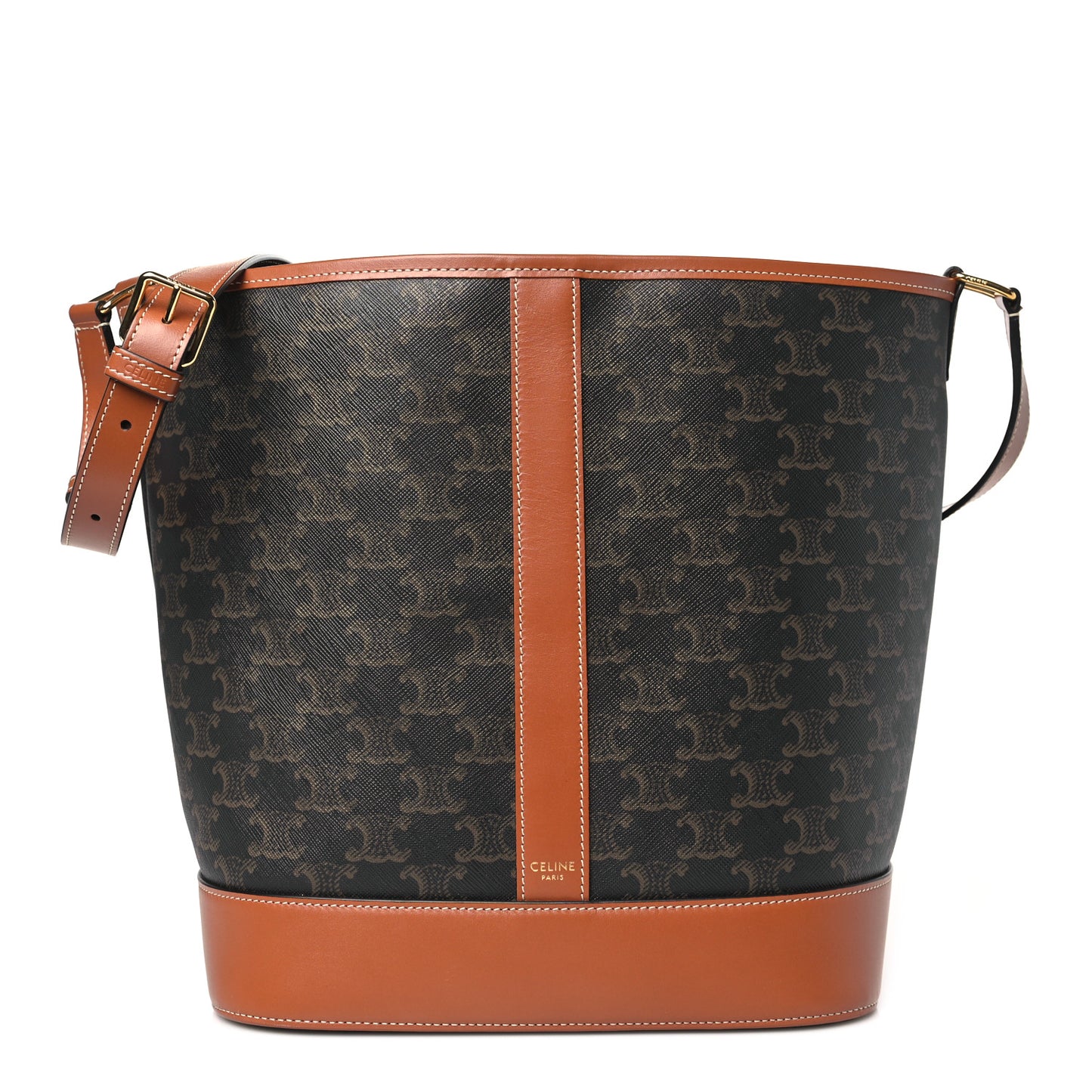 Triomphe Canvas Calfskin Medium Bucket Bag Tan
