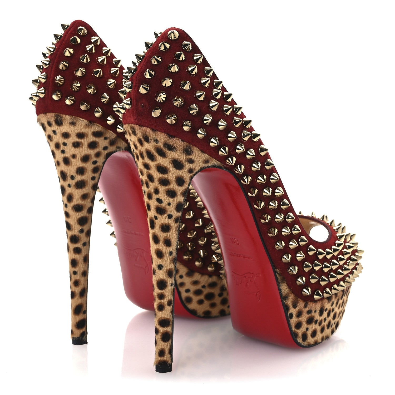 Christian Louboutin Veau Velours Calf Hair Leopard Lady Peep Spikes 150 Pumps 38 Red 5 of 13