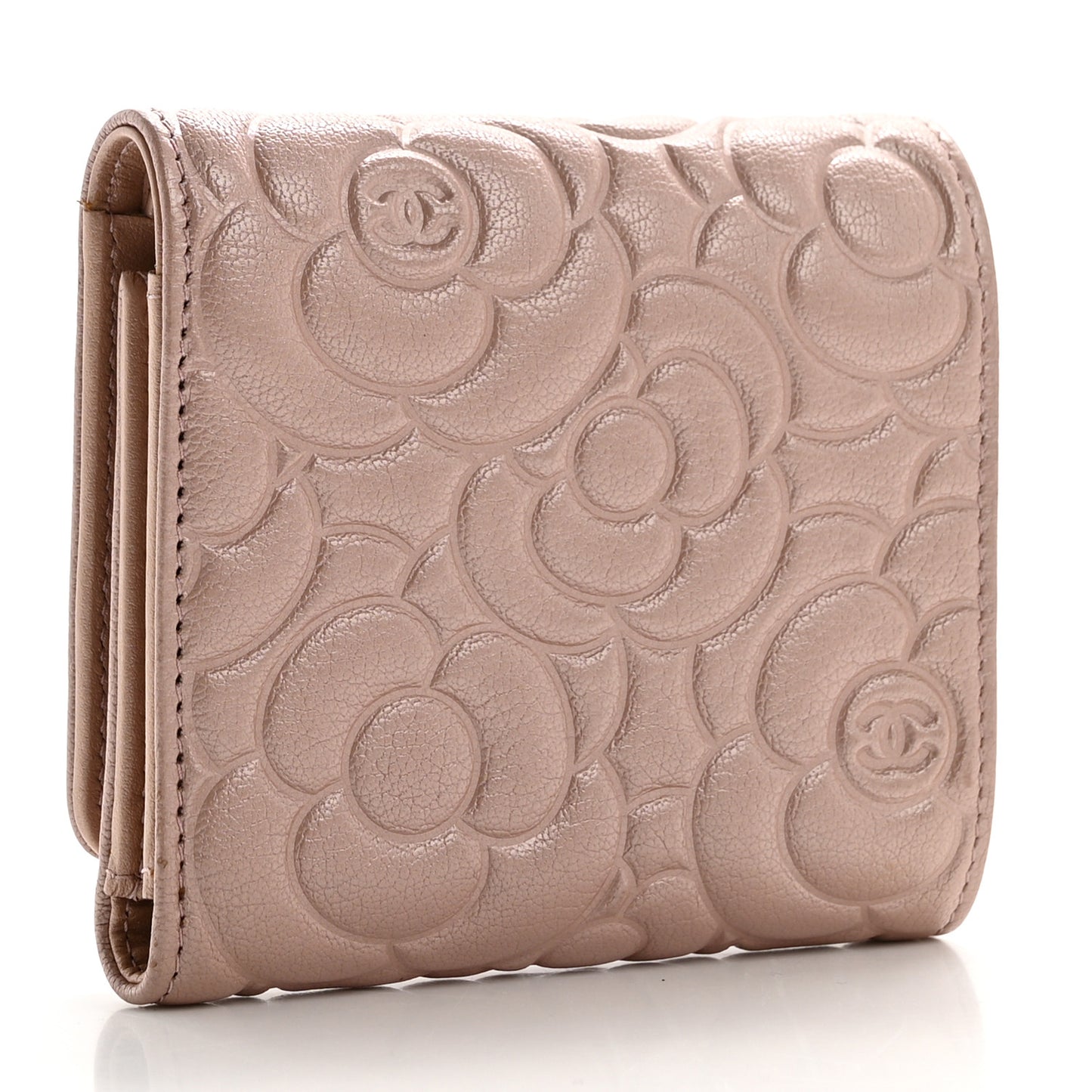 Goatskin Camellia Embossed Compact Wallet Pink