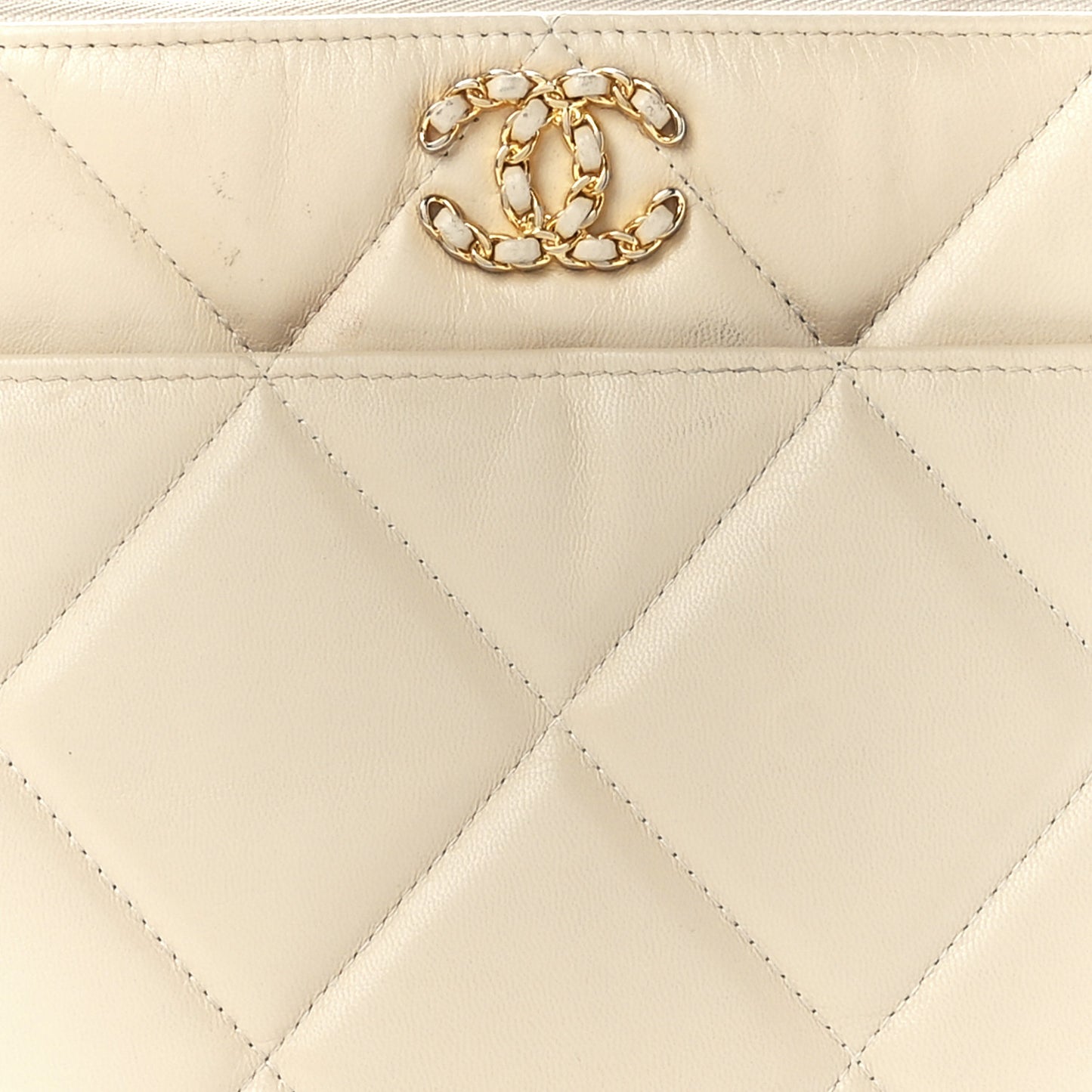 Shiny Goatskin Quilted Chanel 19 Pouch Beige