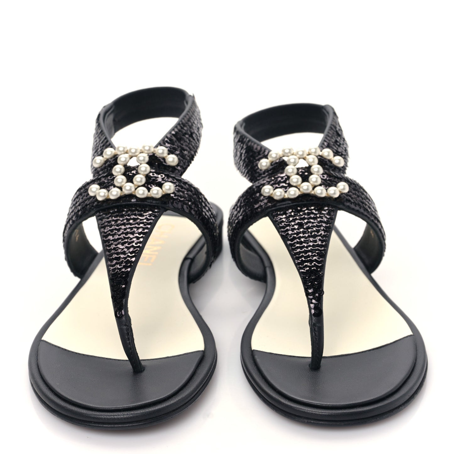 Lambskin Sequin Pearl CC Thong Sandals 36 Black