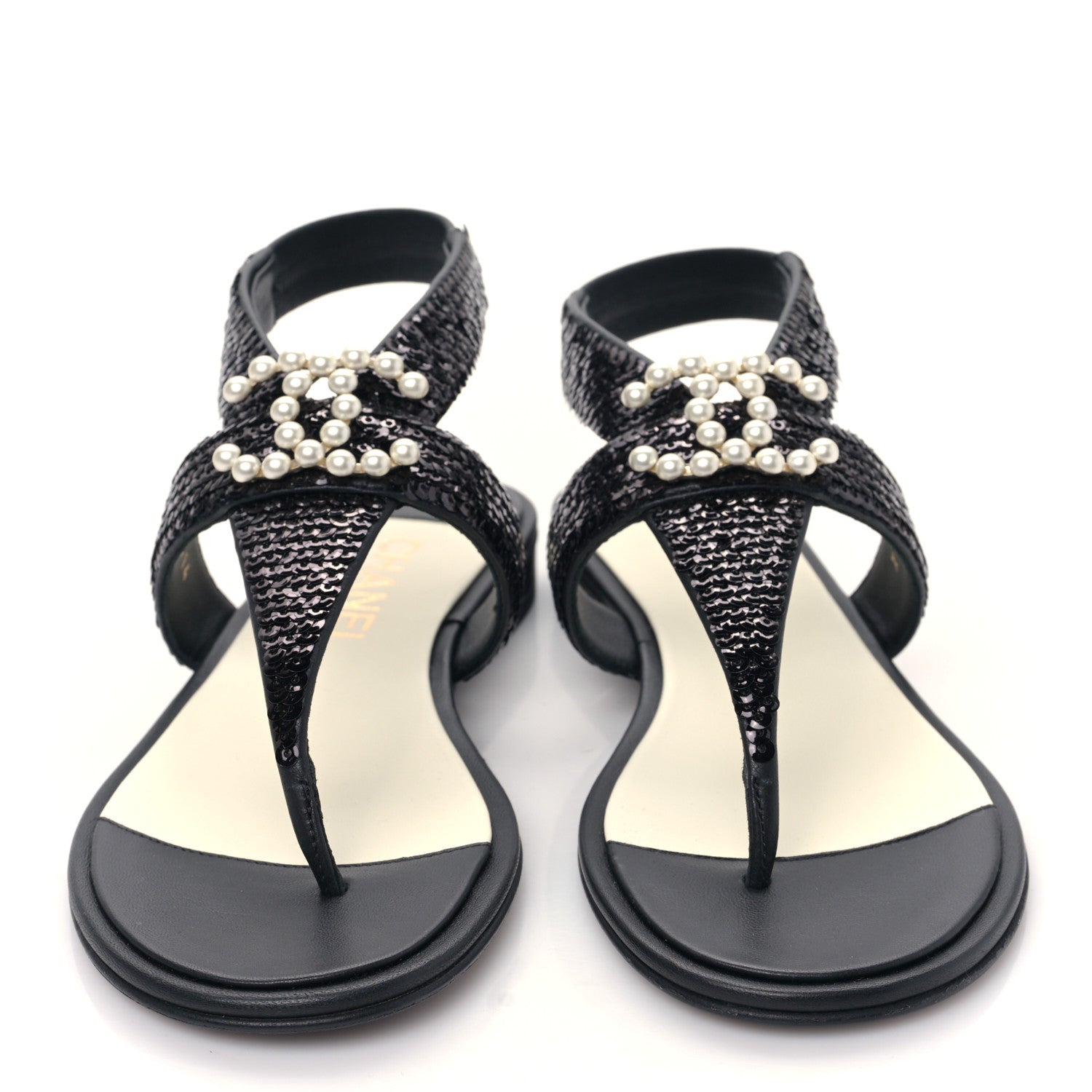 Chanel Lambskin Sequin Pearl CC Thong Sandals 36 Black 2 of 8