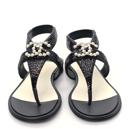 Chanel Lambskin Sequin Pearl CC Thong Sandals 36 Black 2 of 8