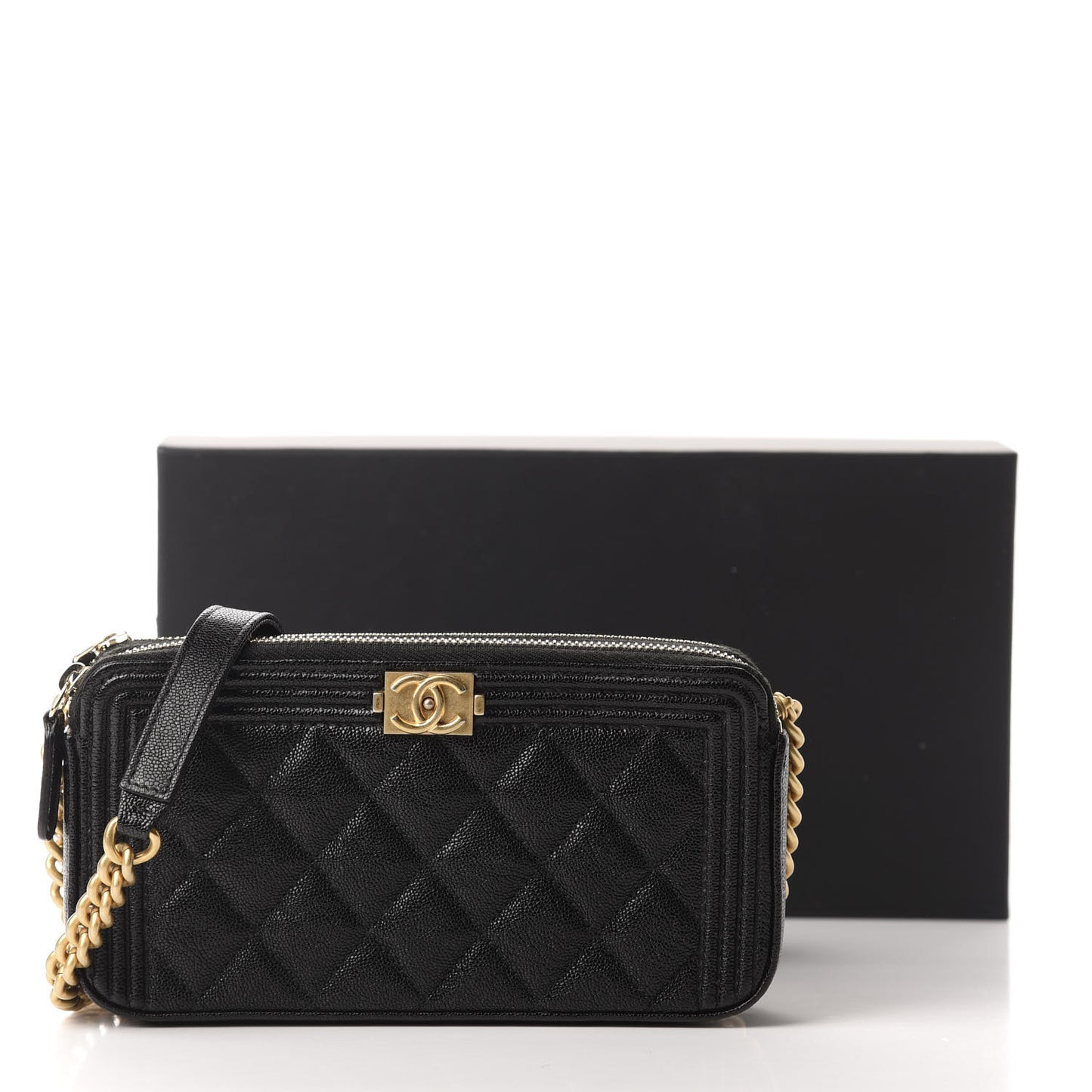 Caviar Quilted Small Boy Clutch With Chain Black
