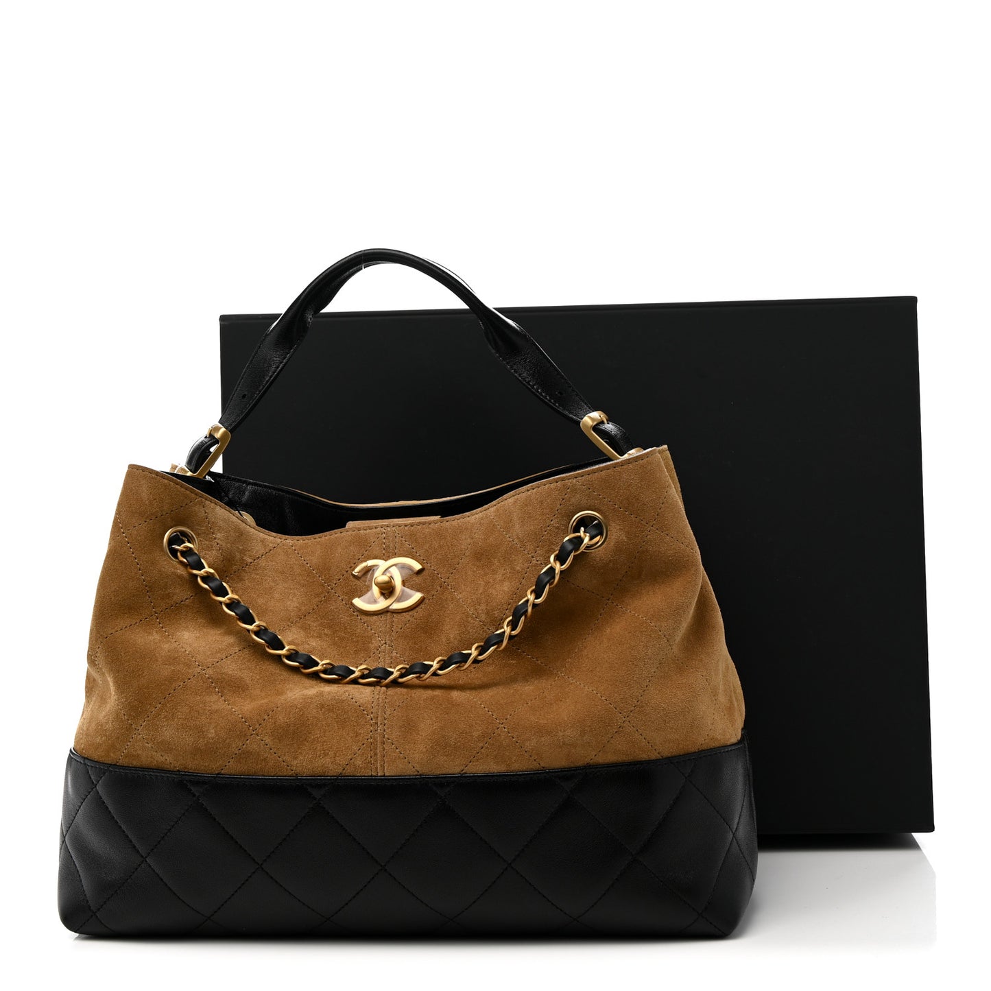 Suede Calfskin Shiny Lambskin Quilted Small Coco Base Shopping Bag Beige Black