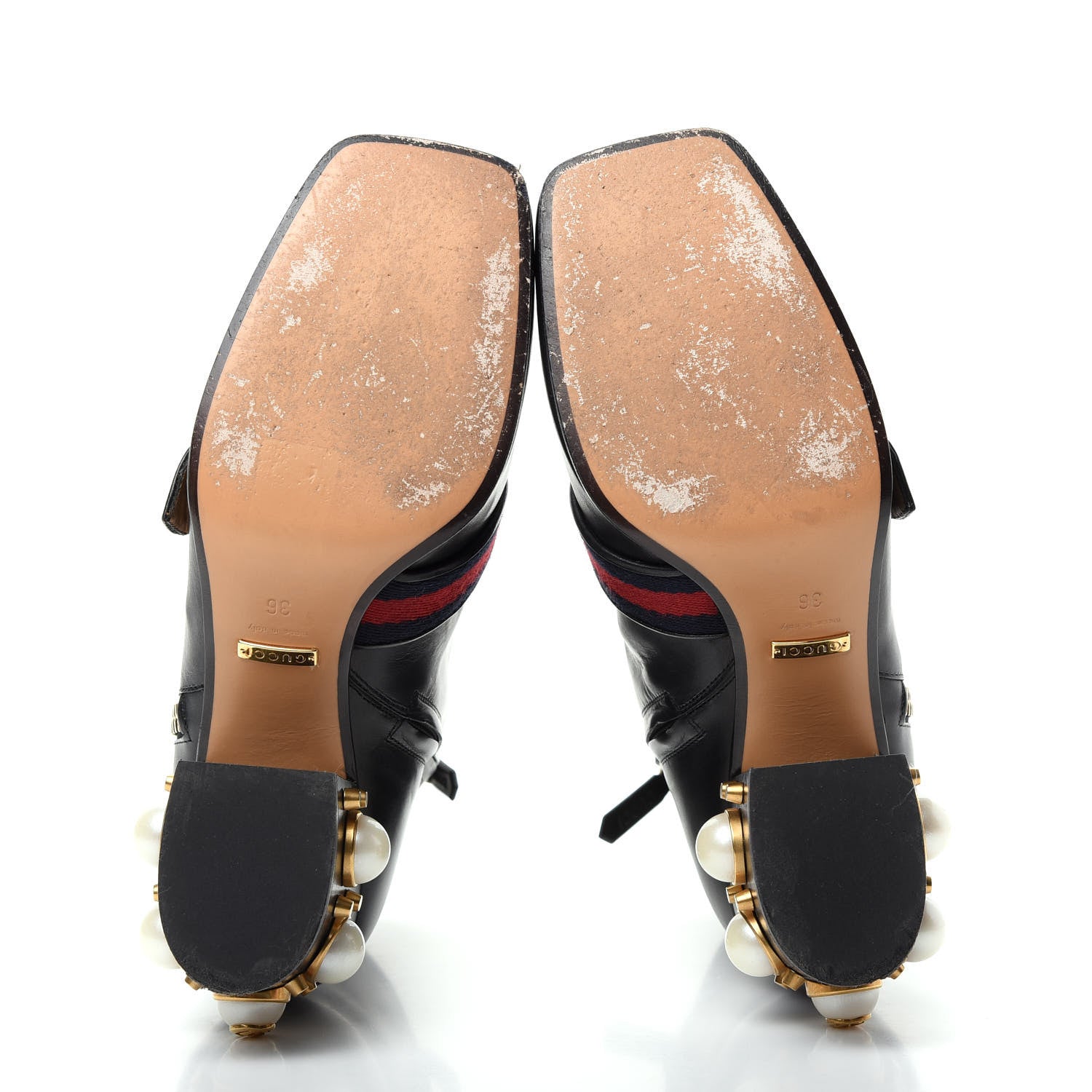 Gucci Betis Glamour Calfskin Web Pearl Embellished Peyton 75mm Ankle Boots 36 Black 6 of 11