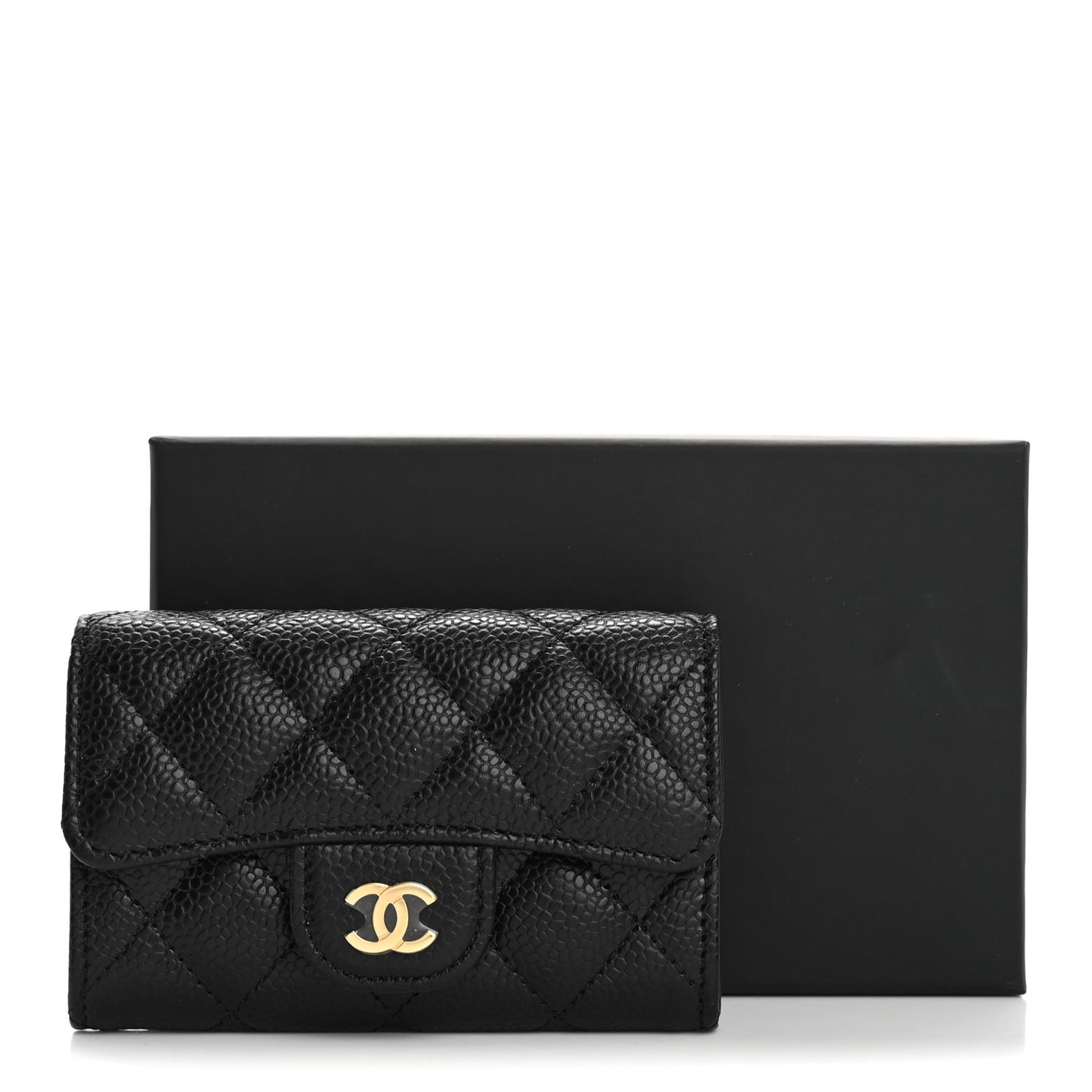 Caviar Quilted Flap Card Holder Wallet Black