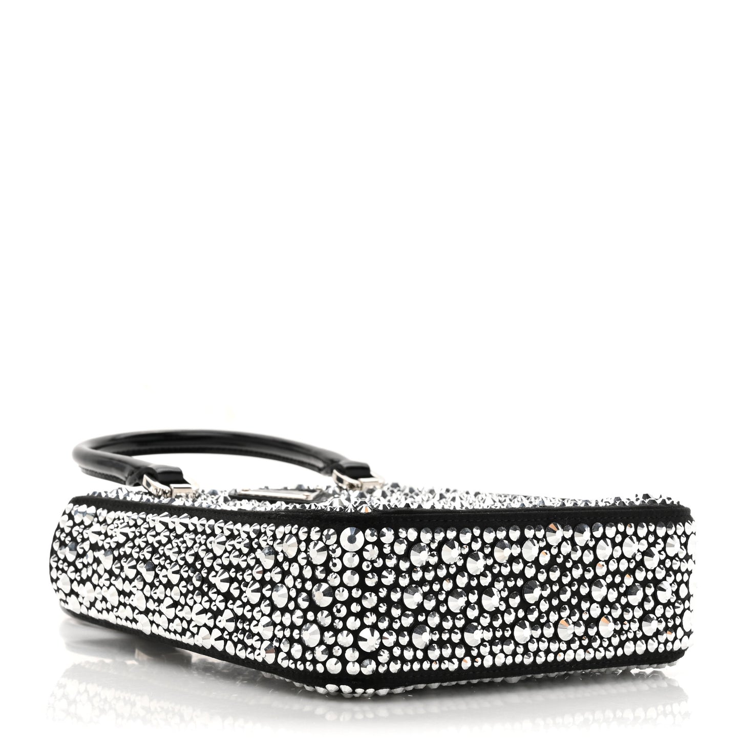 Satin Crystal Metal Triangle Logo Small Double Handle Crossbody Tote Metal