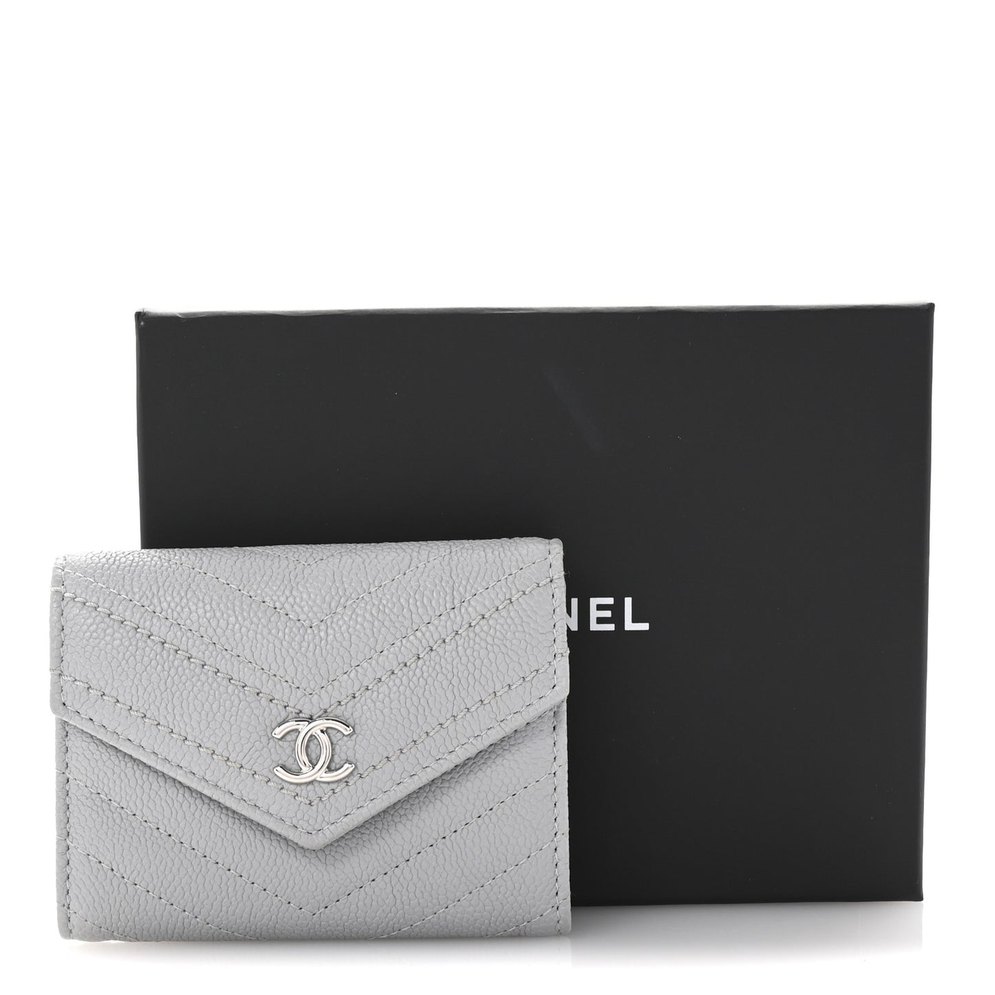 Caviar Chevron Quilted Card Holder Flap Wallet Grey