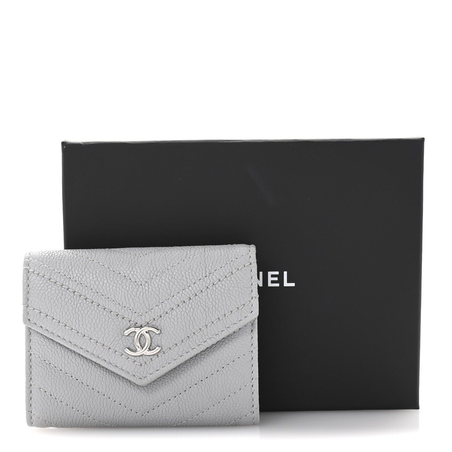 Chanel Caviar Chevron Quilted Card Holder Flap Wallet Grey 9 of 9