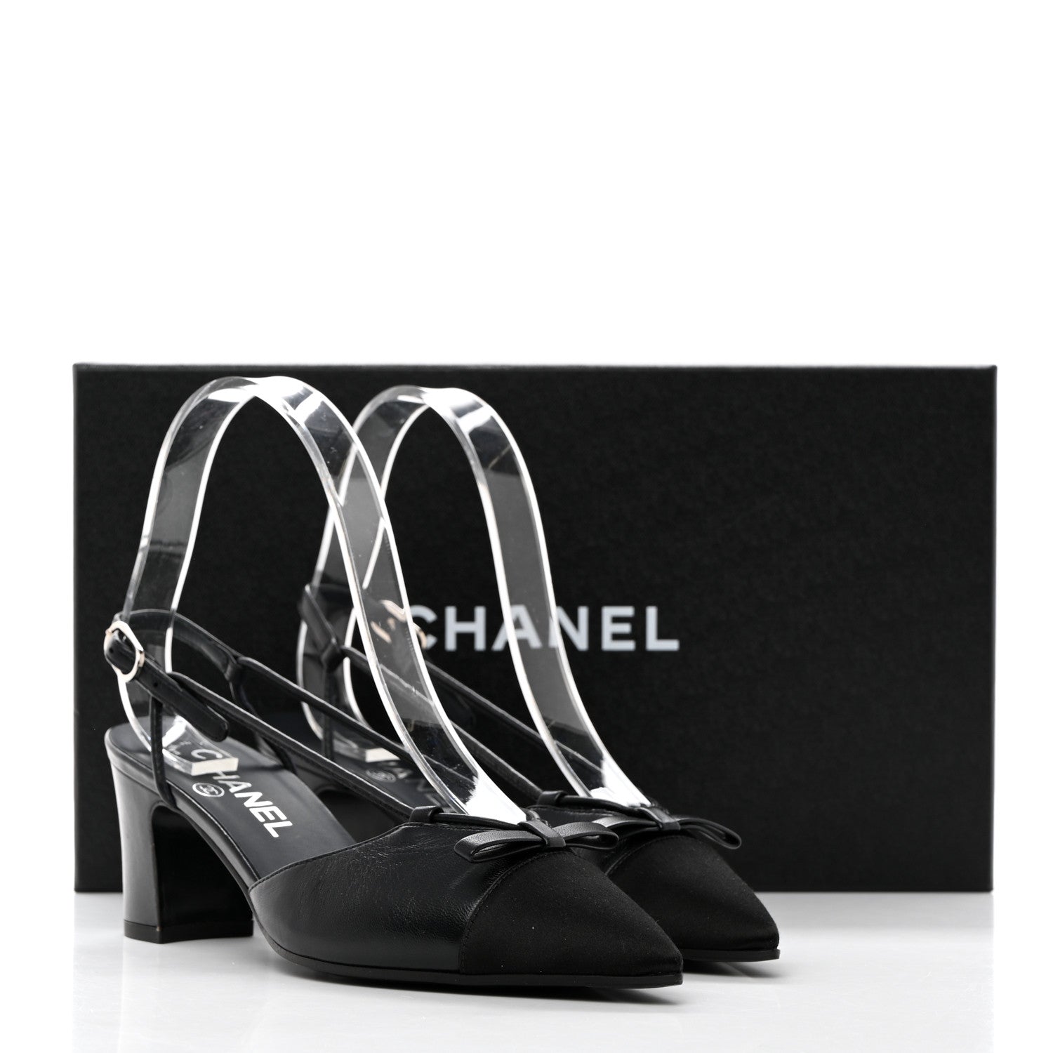 Chanel Lambskin Satin Slingback Cap Toe Bow Pumps 36.5 Black 9 of 9
