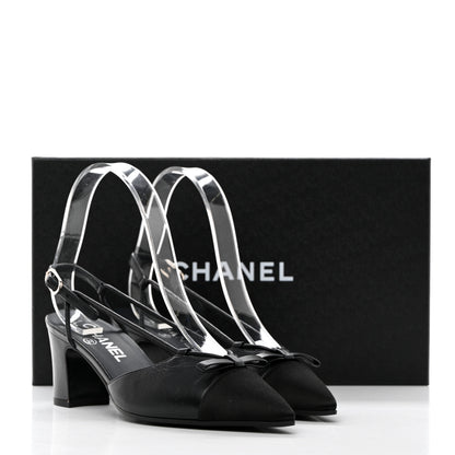 Chanel Lambskin Satin Slingback Cap Toe Bow Pumps 36.5 Black 9 of 9